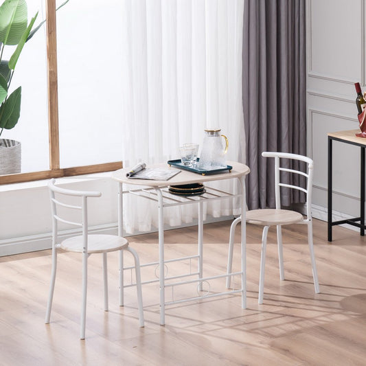 3 Piece Dining Table Set, Small Kitchen Table Set for 2, Wooden Pub Table Set with Metal Frame and Shelf Storage, Couple Breakfast Nook Bistro Sets, White