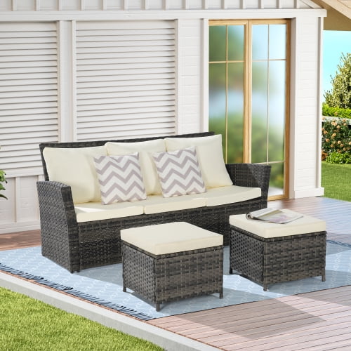 Enyopro 3 Piece Patio Furniture Set with 2 Ottomans, Outdoor Wicker Sofa Rattan Patio Conversation Sets, All-Weather PE Wicker Furniture Sets for Patio Porch Deck Balcony, Beige