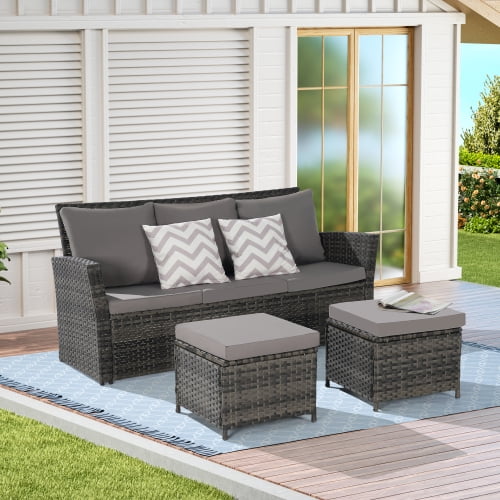 Enyopro 3 Piece Patio Furniture Set with 2 Ottomans, Outdoor Wicker Sofa Rattan Patio Conversation Sets, All-Weather PE Wicker Furniture Sets for Patio Porch Deck Balcony, Beige