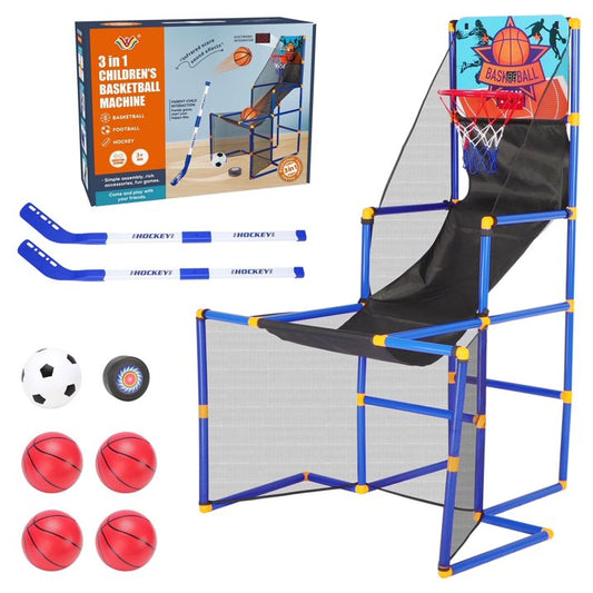 3 in-1 Kids Arcade Basketball Game & Hockey & Soccer, With 4 Basketball Balls, Football, Hockey, Hockey Stick, Pump, Electronic Scoreboard Sound for Toddlers, Basketball Goal for Kids Boys Girls