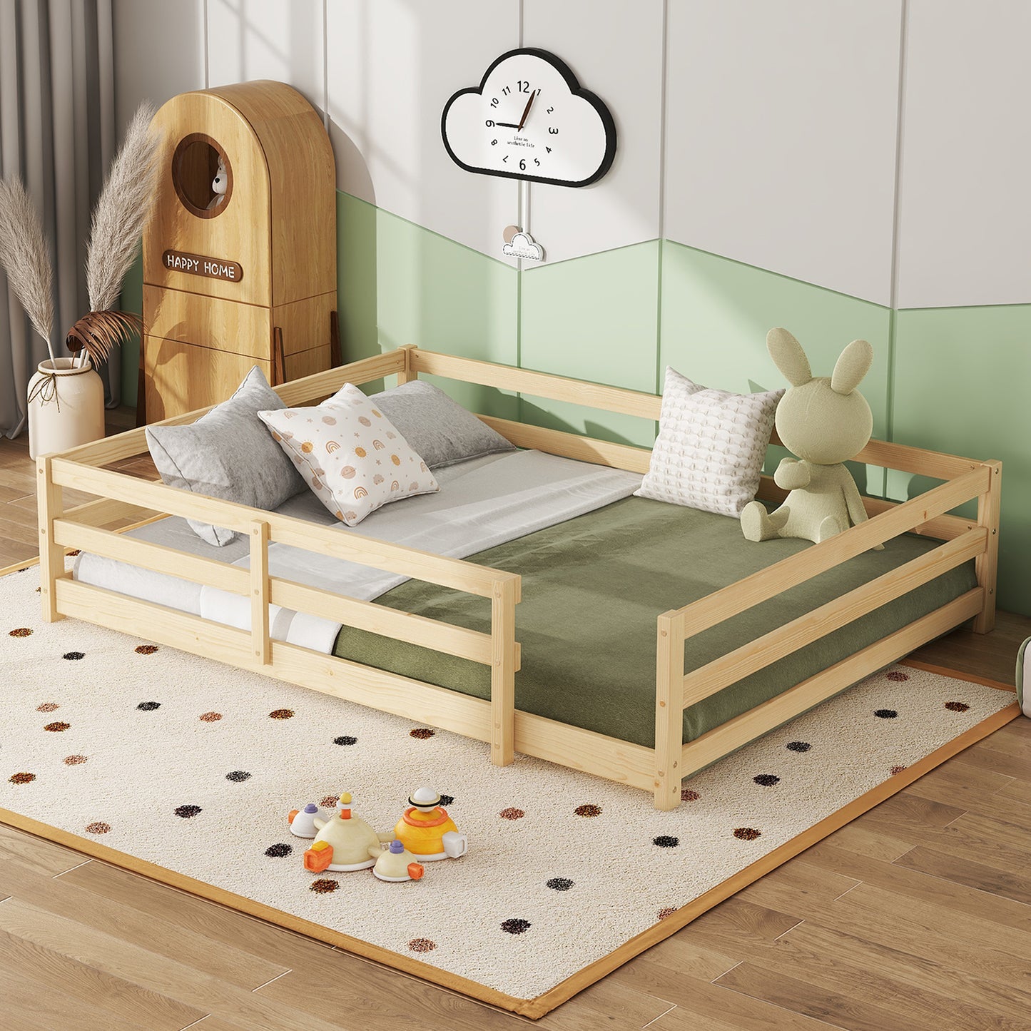 Sesslife Twin Size Floor Bed with Door and Fence, Wood Twin Floor Platform Bed with Slats, Toddler Bed for Kids Boys Girls, Montessori Bed, No Box Spring Needed, Oak
