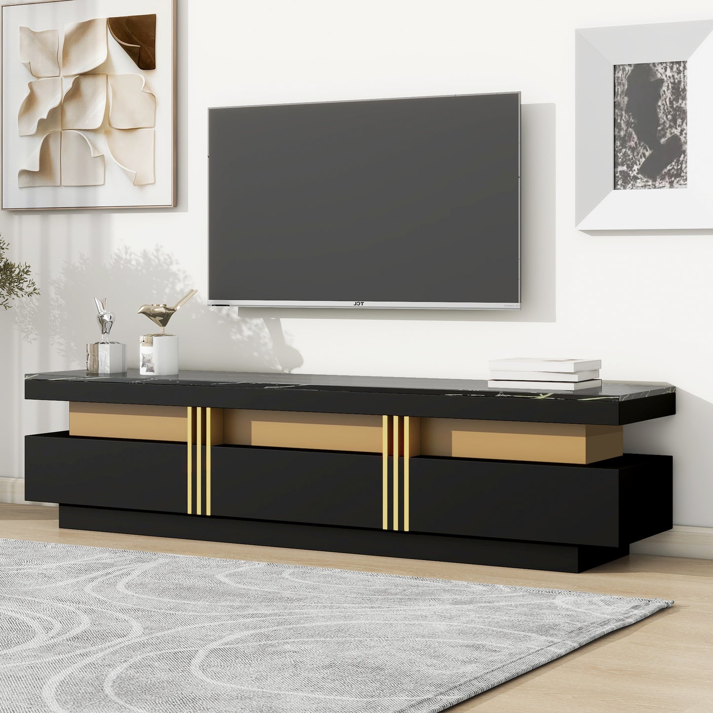 TV Stand for TVs Up to 75'', Modern Entertainment Center with High Gloss Marble Top, TV Console with Golden Panel Design and Drawers, Media Console Cabinet for Living Room, White