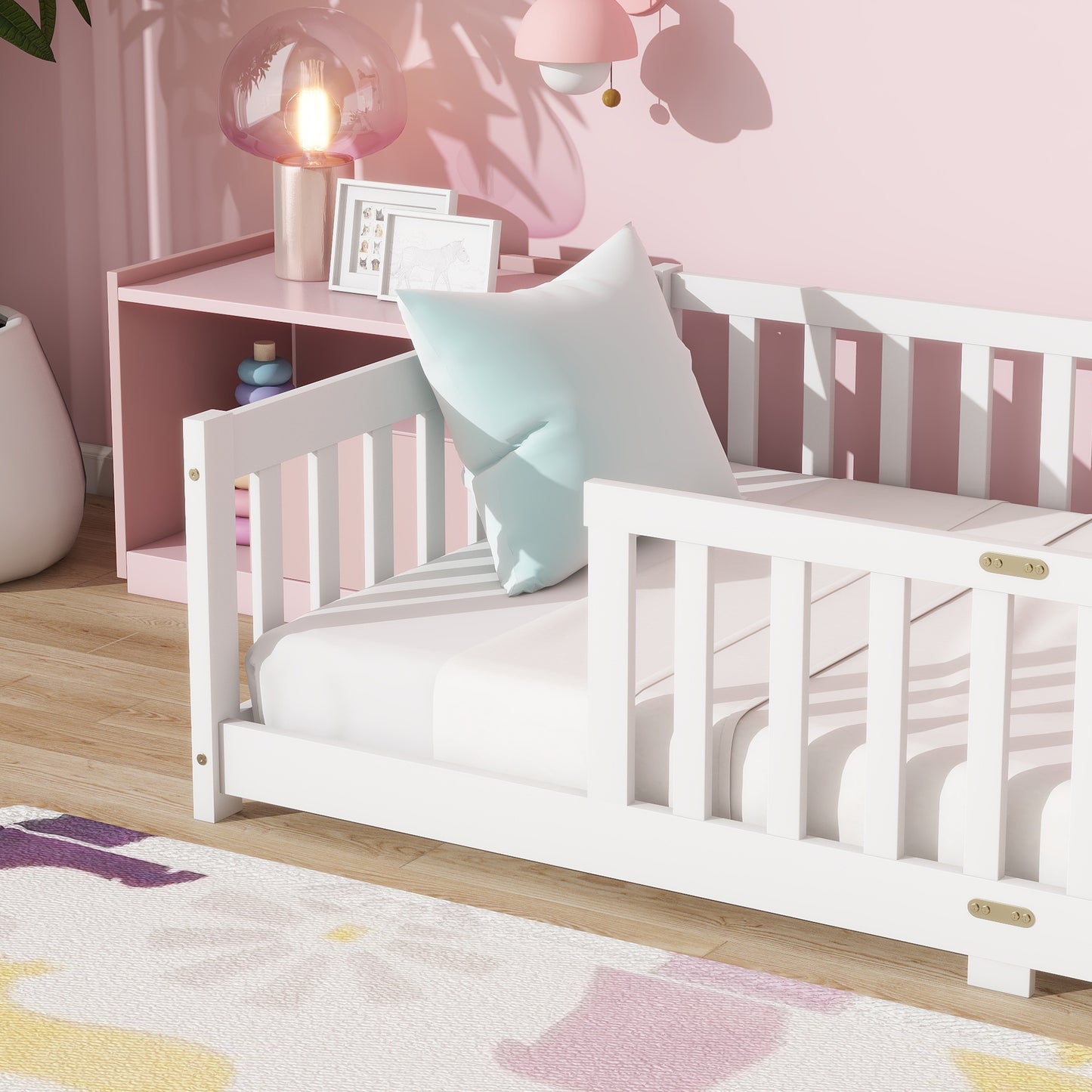 Sesslife Twin Montessori Floor Bed, Twin Size Floor Bed with Fence Without Door, Toddler Bed with Salts, Safety Guardrails, No Box Spring Needed, Twin Bed for Kids Girls, Boys, White