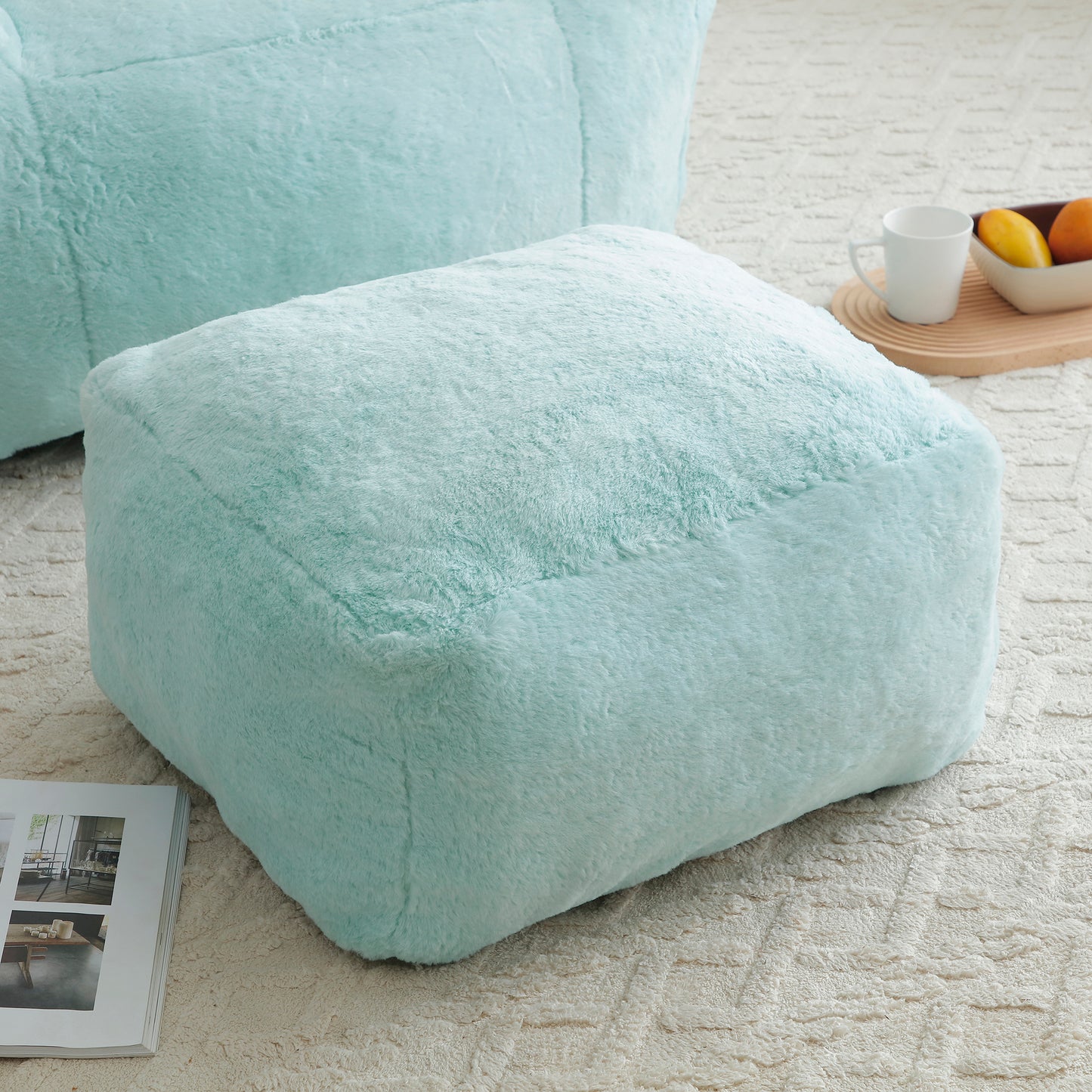 SESSLIFE Oversized Faux Fur Bean Bag Chair with Footstool, Giant Bean Bag Chair for Adults, Shell Shape Bean Bag Couch, Floor Sofa for Gaming Reading Living Room, Light Blue