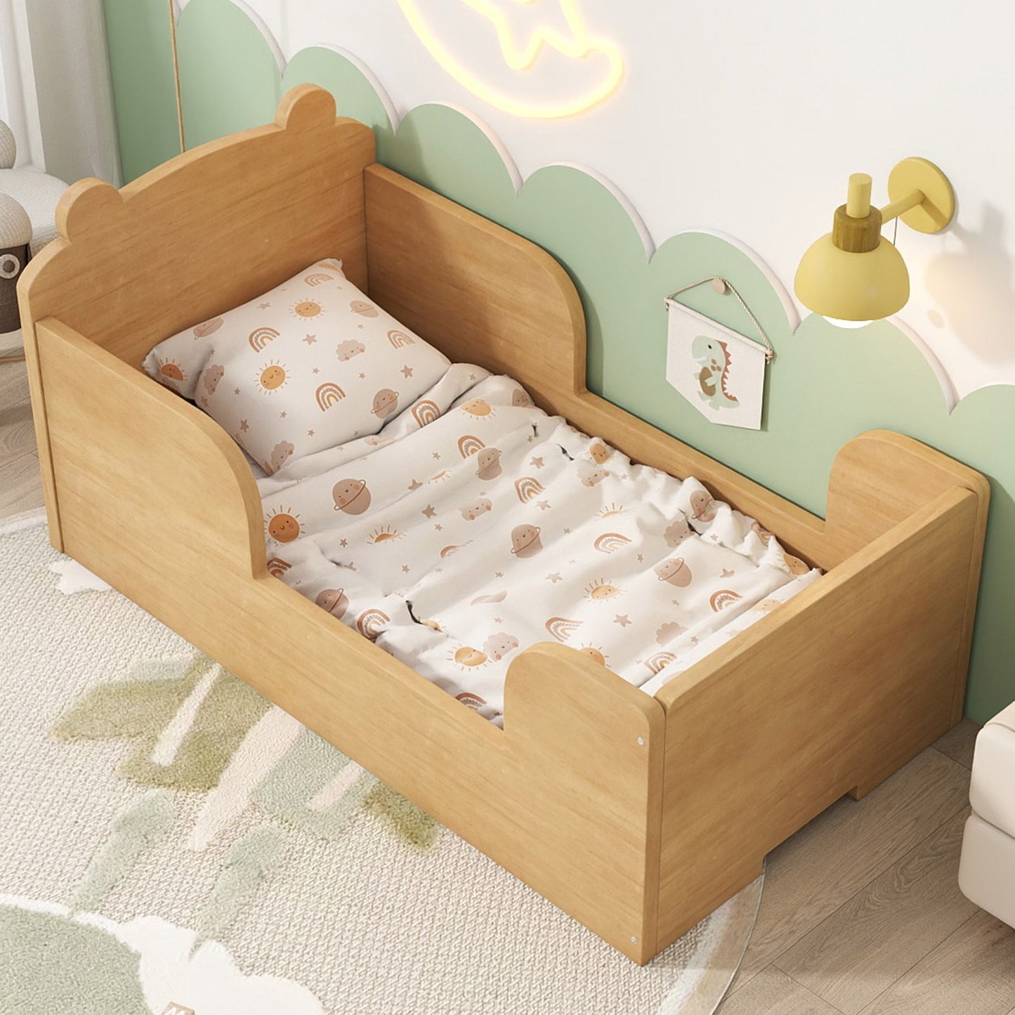Toddler Floor Bed, Wood Toddler Bed Frame with Bear Shape Headboard, Slats and Safety Guardrails, Montessori Bed for Boys Girls Kids Bedroom, Crib Bed for Ages 3-6, Baby Blue