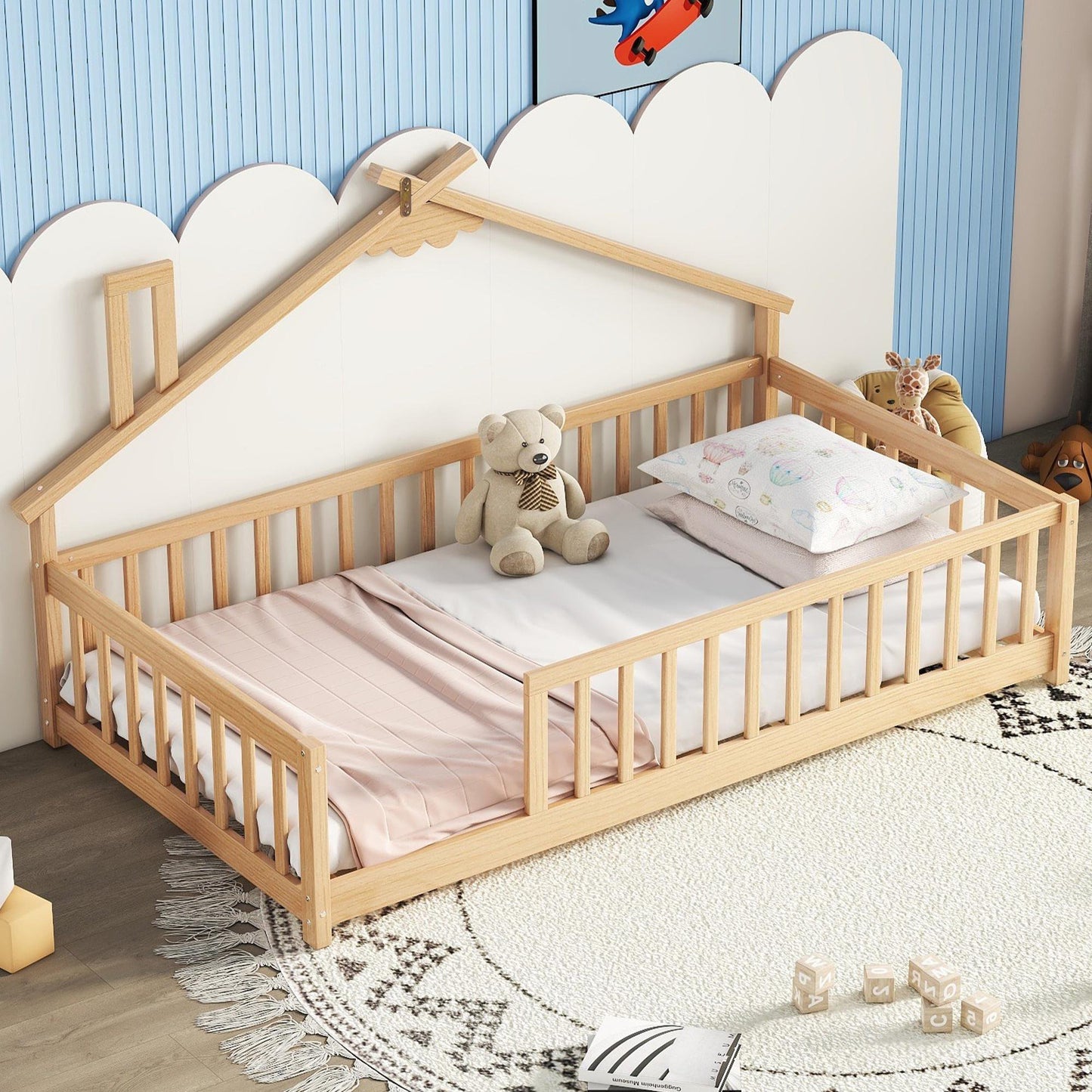 PORKISS Kids Montessori Floor Bed, Twin Floor Bed with Fence for Girls and Boys, without Door, White