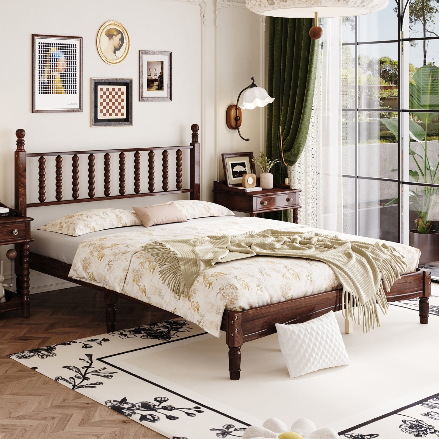 Platform Bed Frame, Wood Queen Bed Frame with Gourd Shaped Headboard for Bedroom, Modern Queen Size Bed with Wood Slat Support, Holds 500 lb, No Box Spring Needed, White