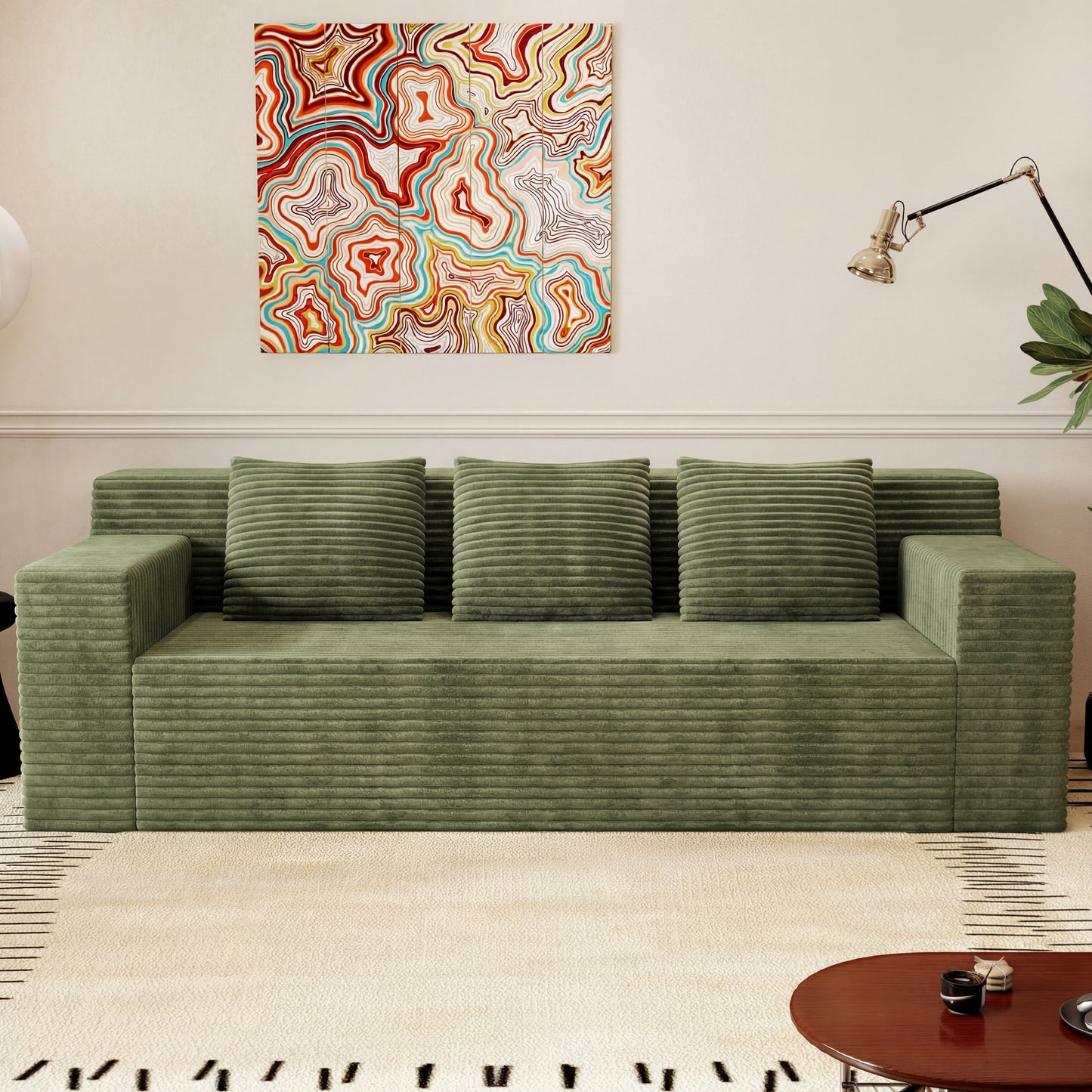 SESSLIFE Corduroy 3 Seater Sofa Couch, Deep Seat Comfy Loveseat Sofa with Foam Cushion, No Assembly Required Couch for Apartment, Bedroom or Studio Living, Black