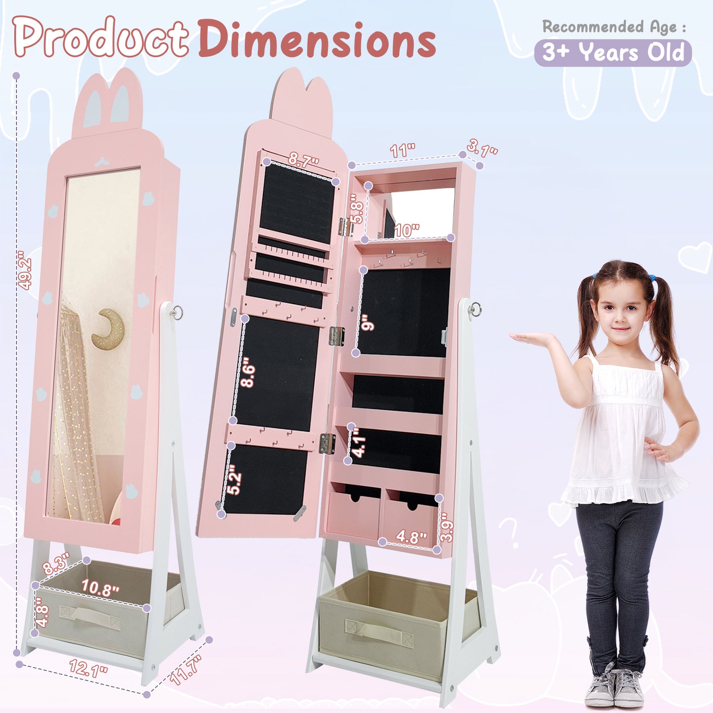 SESSLIFE Pink Vanity Mirror Storage Cabinet, Bunny Accent Makeup Mirror with Door and Fabric Drawer, Slim Jewelry Organizer for Bedroom, MDF Finish