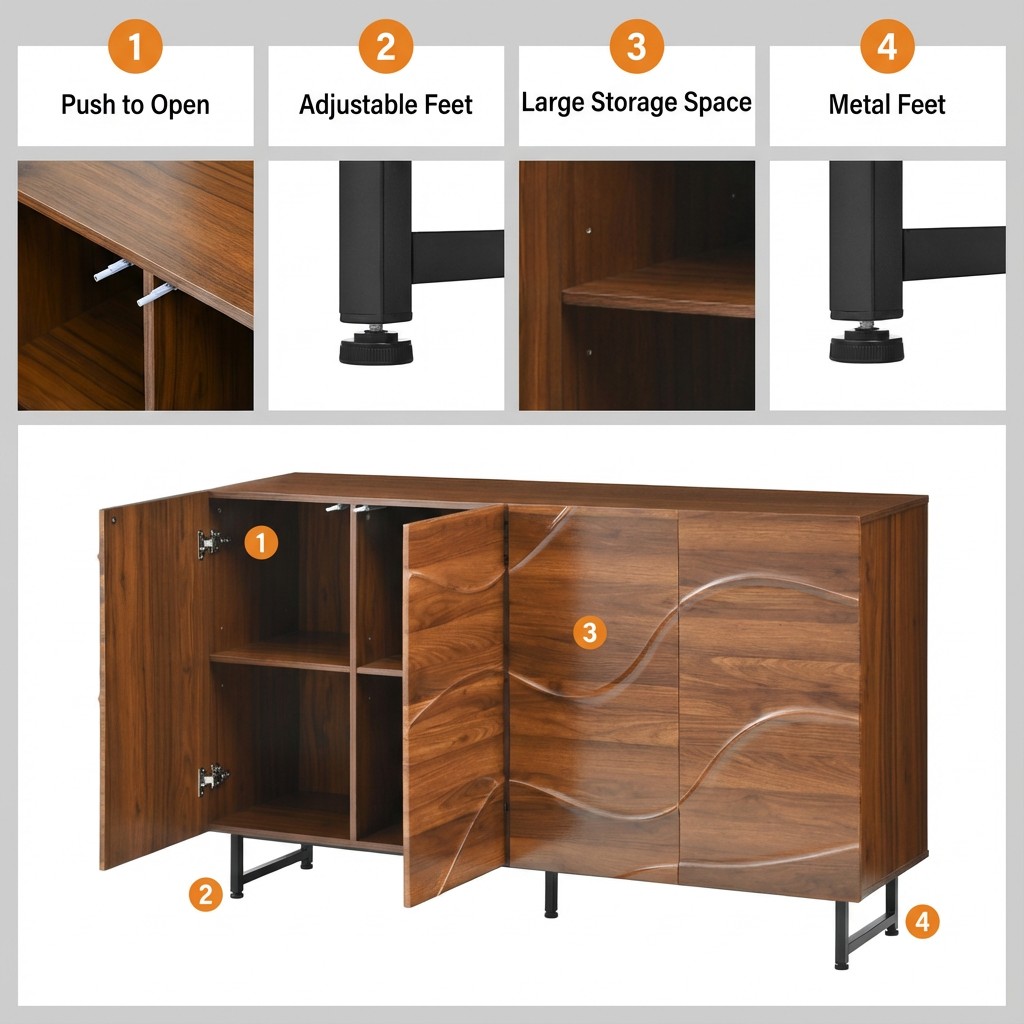 SESSLIFE Walnut Credenza Storage Cabinet, 59 Inch Modern Sideboard with Adjustable Shelves and Metal Base, Accent Cabinet for Dining Room