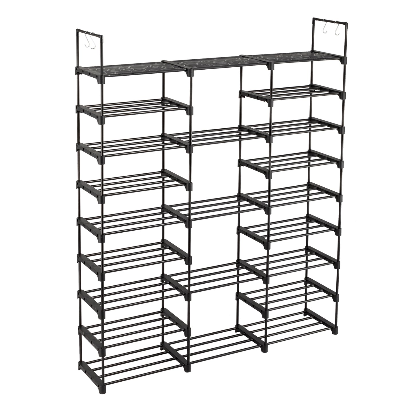 Sesslife 9 Tier Shoe Rack Organizer for Entryway 50-55 Pairs, DIY Stackable Shoe Rack for Closet Shoe Organizer with Sturdy Shelves and 4 Hooks, Metal Shoe Shelf Closet Organizer, Black