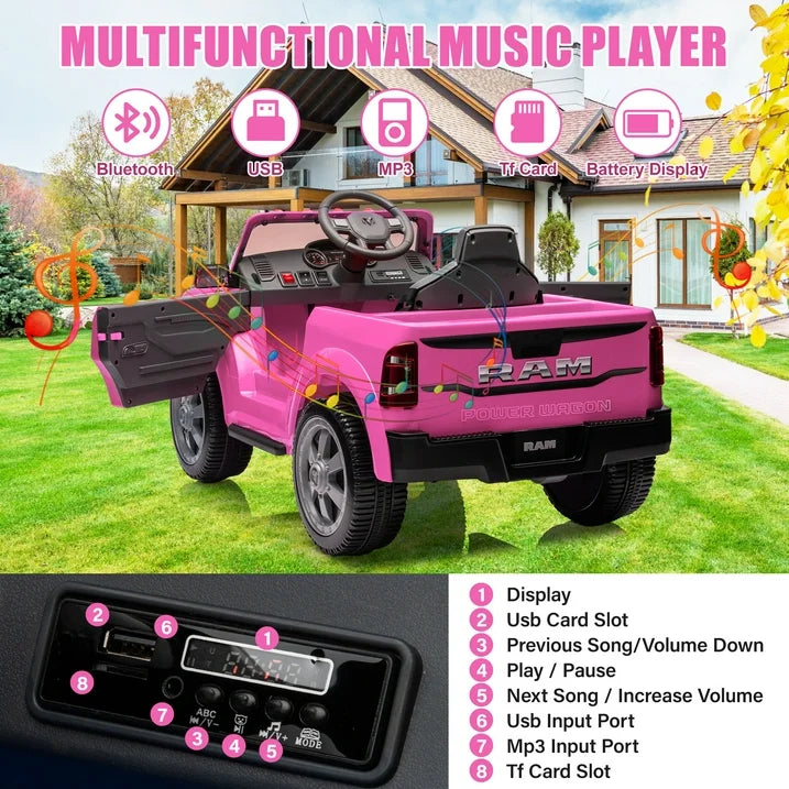 Ram Ride on Car Toys, 12V RAM 2500 Powered Ride on Toy Truck with Remote Control, Electric Car for Kids Girls 3-5 w/ Bluetooth, Rear Storage Trunk, Safety Belt, Rear Wheel Suspension, Pink