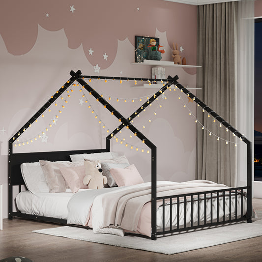 SESSLIFE Twin Size House Bed, Metal Floor Bed Frame with Roof and Guardrail, Montessori Floor Bed for Bedroom, House-shaped Design, No Box Spring Needed, Easy Assembly, White