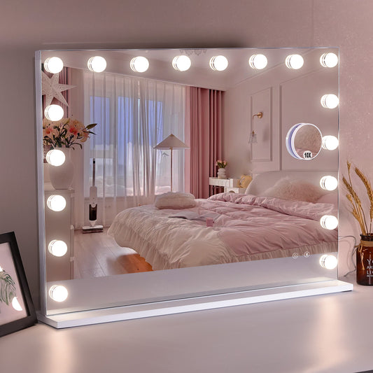 SESSLIFE Hollywood Vanity Mirror with Lights, Touch Control Dimmable Makeup Mirror with 18 LED Bulbs, 10x Magnification and USB Rechargeable, Wall Mount/Tabletop Mirror for Bedroom