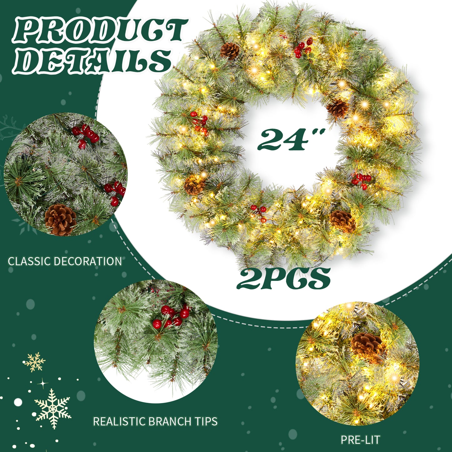 SESSLIFE 2Pcs Christmas Wreath, 24 Inch Pre-Lit Artificial Xmas Wreaths with 100 Warm White LEDs and Pine Cones, Battery Powered Artificial Wreaths for Indoor and Outdoor Decor