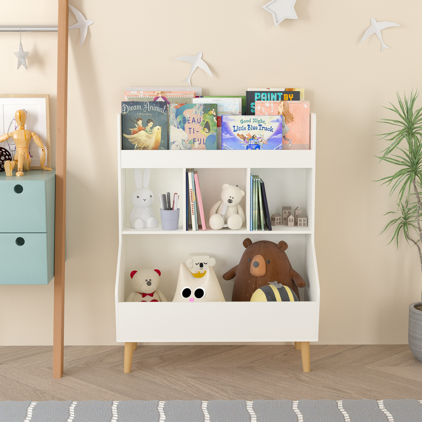 Kids Bookshelf, Wooden Bookshelf for Kids with Toy Storage Organizer and 2 Shelves, Modern Kids Bookcase for Bedroom, Playroom, Nursery, White