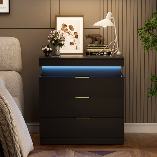 SESSLIFE Modern LED Nightstand with App and Remote Control, RGB LED Night Stand with Hidden Charging Station, Sliding Top and Drawers for Bedroom, White
