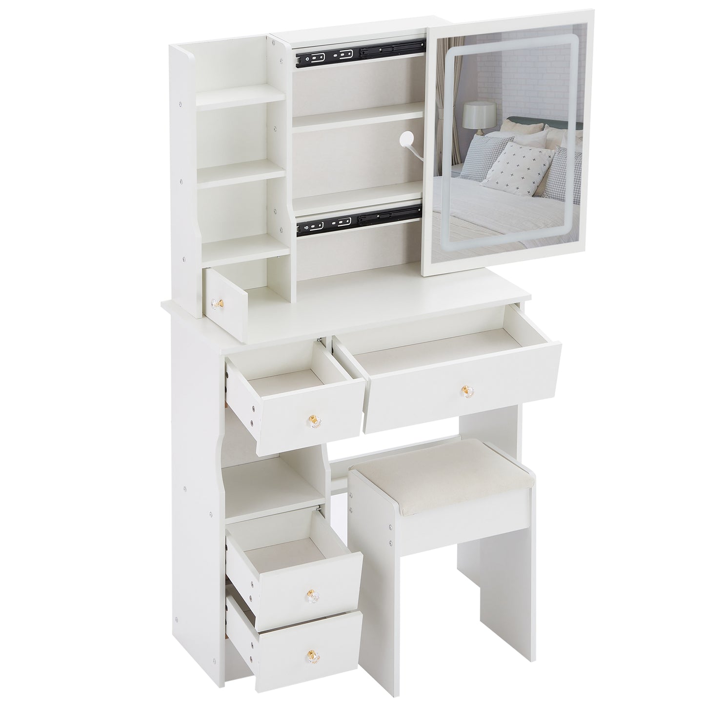 SESSLIFE Vanity Desk with Mirror and Lights, Modern Vanity Desk with Storage and Stool, Makeup Vanity with USB Ports for Small Spaces, White