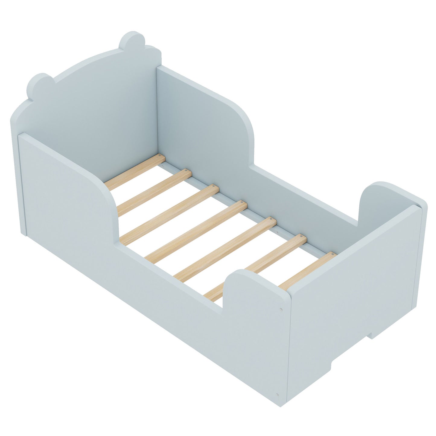 Toddler Floor Bed, Wood Toddler Bed Frame with Bear Shape Headboard, Slats and Safety Guardrails, Montessori Bed for Boys Girls Kids Bedroom, Crib Bed for Ages 3-6, Baby Blue