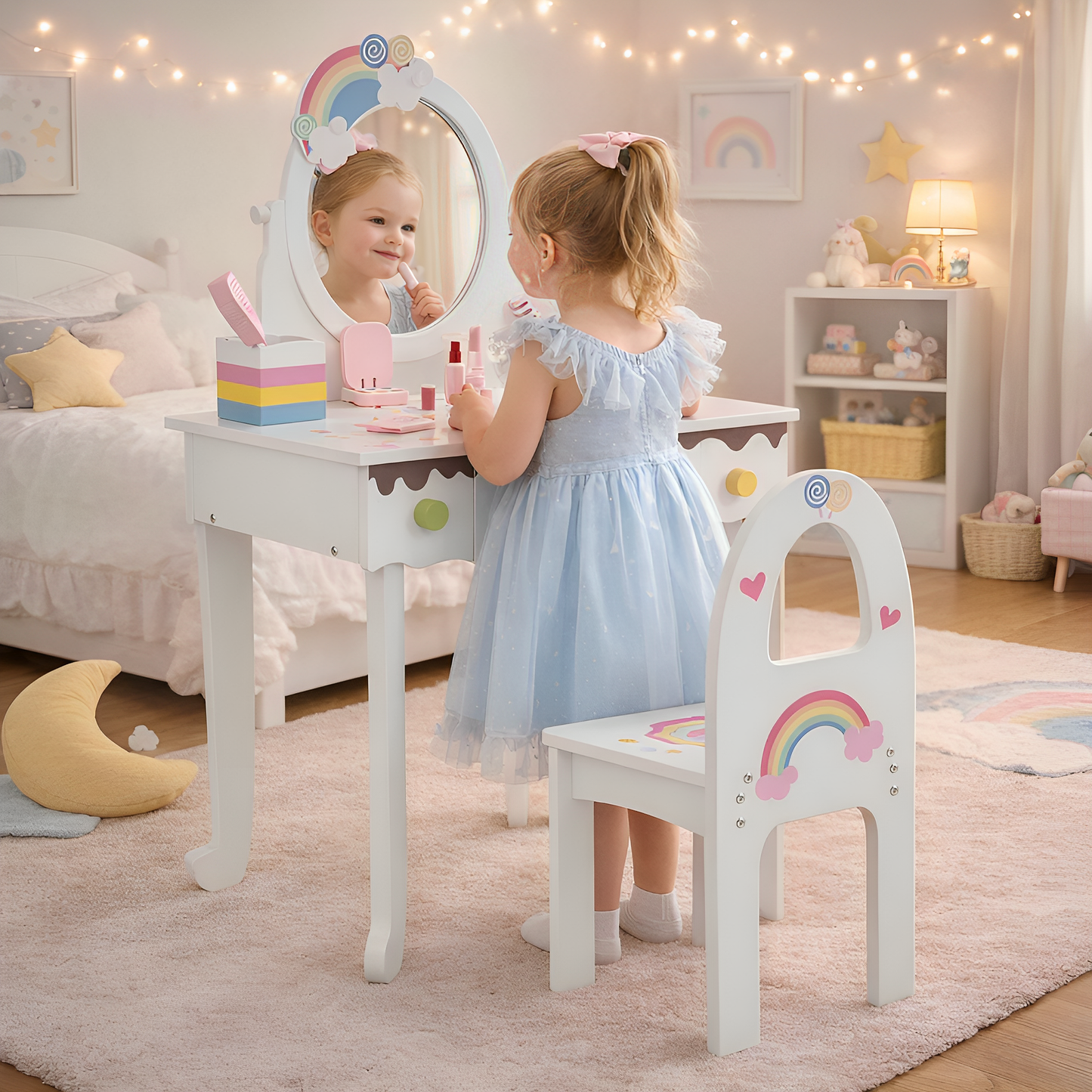 SESSLIFE Princess Vanity Table Set with Mirror and Chair, Pink Dressing Table with 3 Drawers Storage, Pretend Play Makeup Vanity Table for Bedroom or Playroom