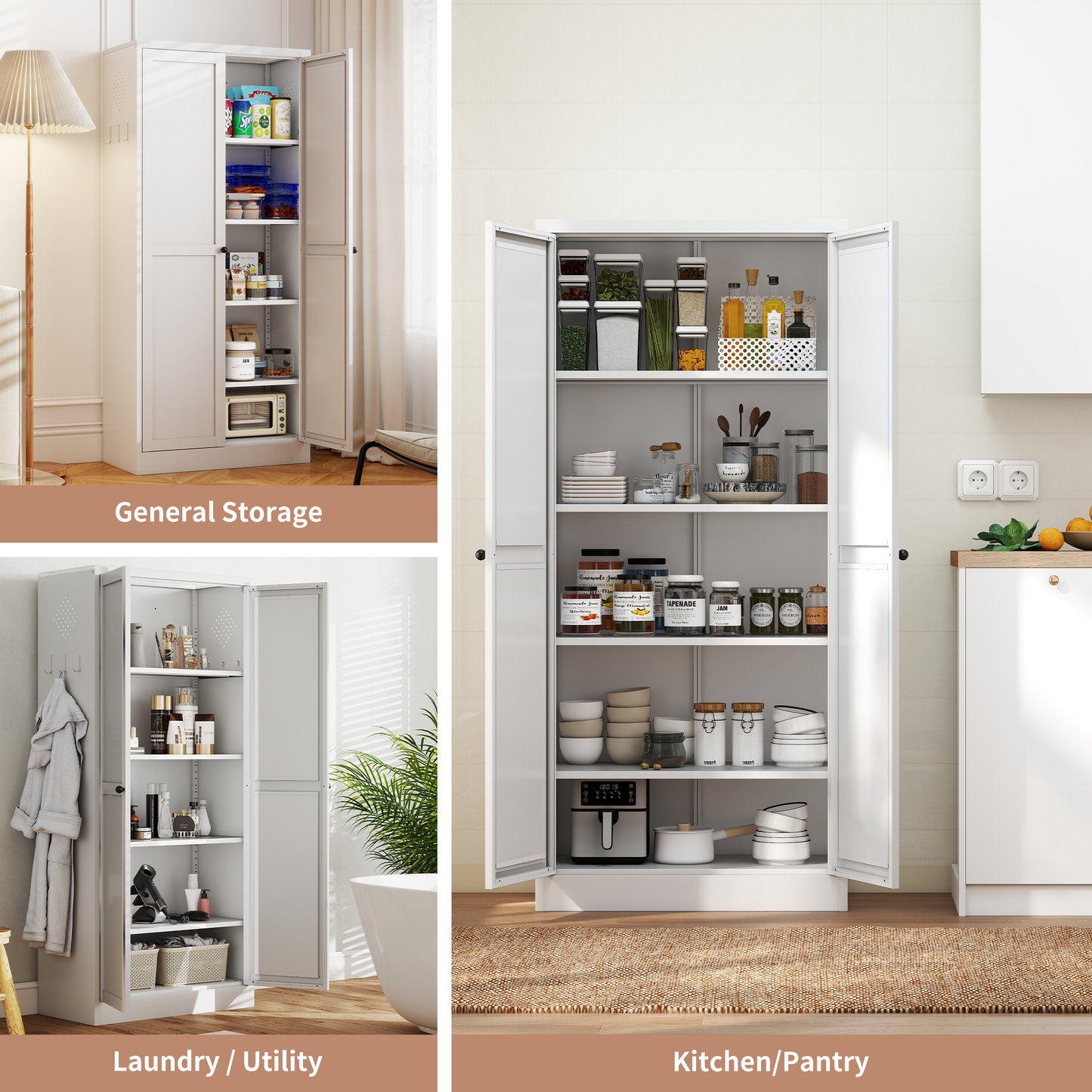 SESSLIFE 61" Modern Farmhouse Pantry Cabinet with Adjustable Shelves, Heavy-Duty White Metal Freestanding Organizer, Magnetic Closure and Anti-Tip for Kitchen/Pantry/Living Room
