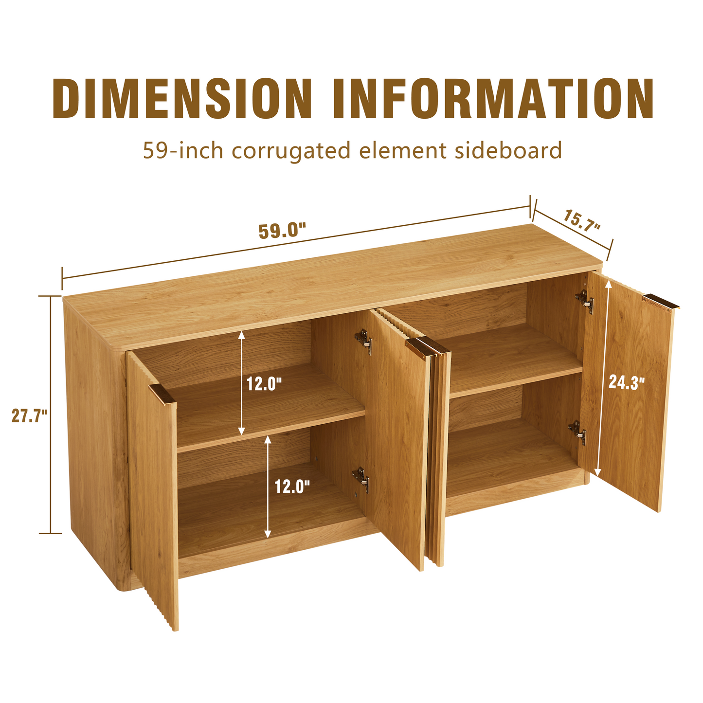 SESSLIFE 59 Inch Modern Wavy Sideboard Cabinet with Curved Front and 4 Doors, Natural MDF Storage Cabinet Media Console TV Stand for Living Room Kitchen Bedroom