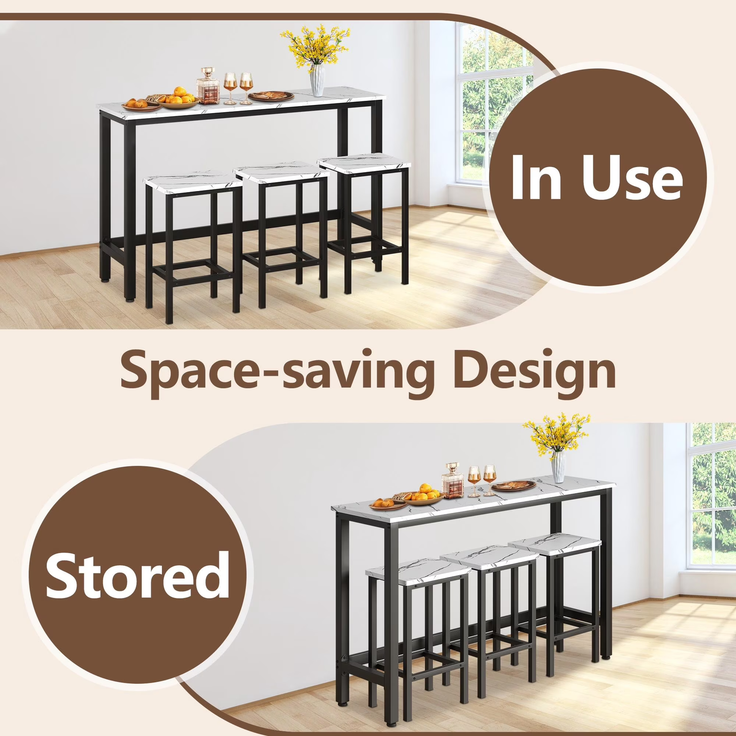 Dining Table Set for 3, Modern Kitchen Table Set with 3 Stools, Extra Long Bar Table Set, Wooden Pub Table and Chairs Set, Saving Space Patio Restaurant Bistro Table Set, Gray, JA2869