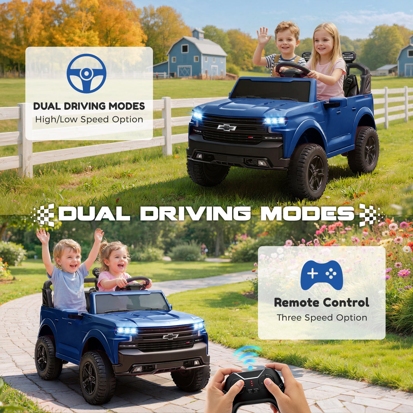 Chevrolet Silverado 24V Powered Ride On Car for Kids, 2 Seater Electric Truck with Remote Control, 90W Dual Motors, 4 Wheels Suspension, LED, Bluetooth, Ride On Toy for Boys & Girls Ages 3–8 (White)