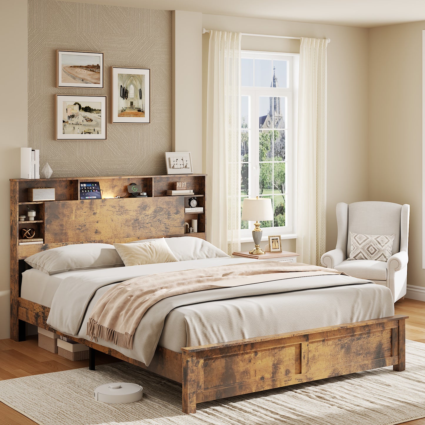 SESSLIFE Queen Bed Frame with Storage Headboard, Wood Platform Bed Frame with Charging Station, LED Lights & Bookcase Shelf, Queen Size Bed Holds up to 800lbs, No Box Spring Needed, Dark Brown