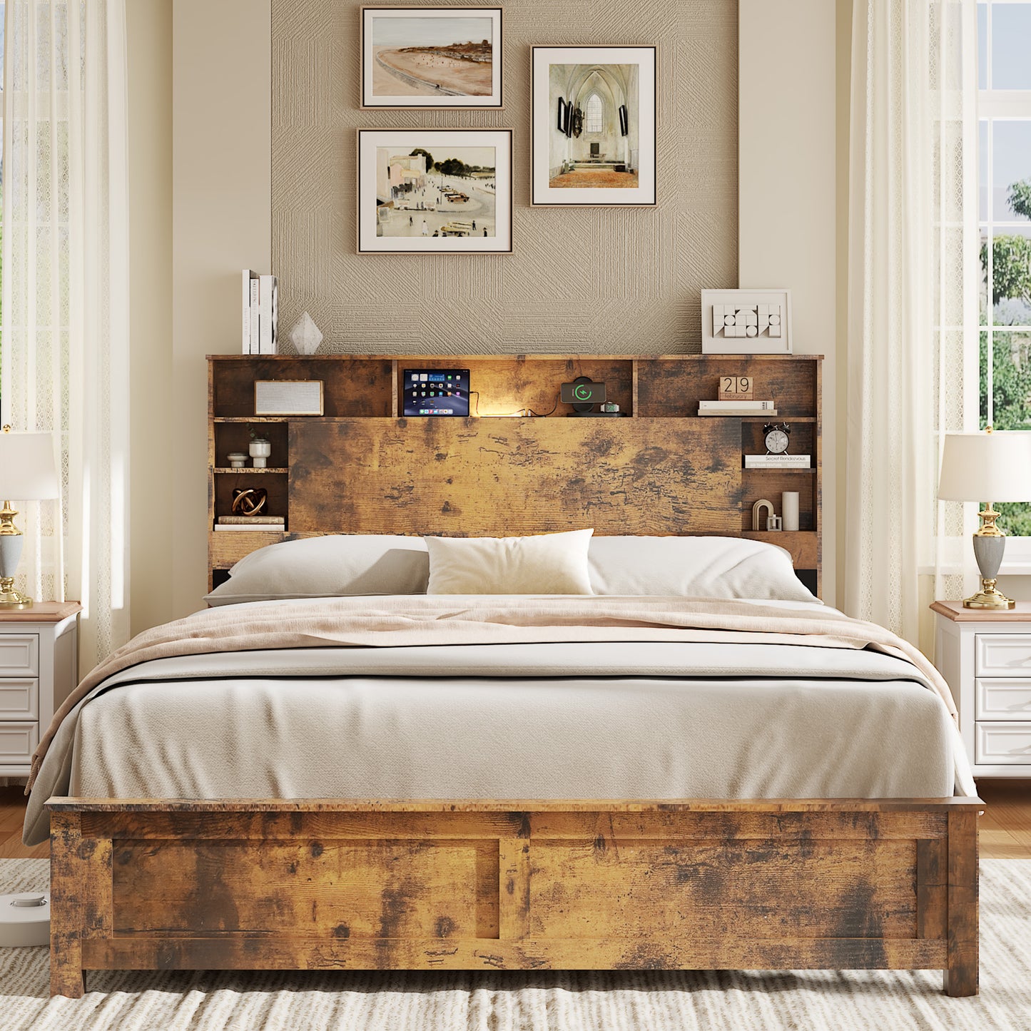SESSLIFE Queen Bed Frame with Storage Headboard, Wood Platform Bed Frame with Charging Station, LED Lights & Bookcase Shelf, Queen Size Bed Holds up to 800lbs, No Box Spring Needed, Dark Brown