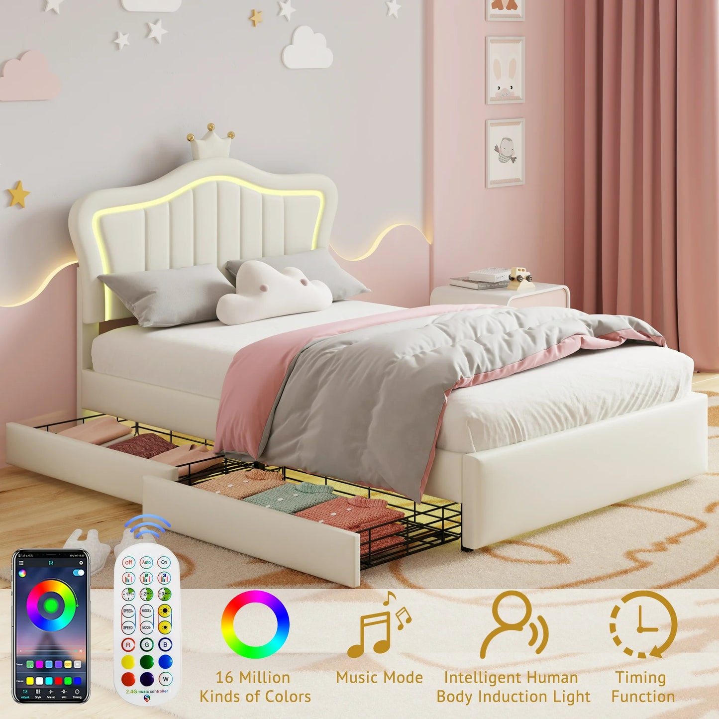 PORKISS Full Size LED Bed Frame with Drawers, PU Upholstered Bed, Princess Platform Bed with Adjustable Crown Headboard for Kids Girls, Beige