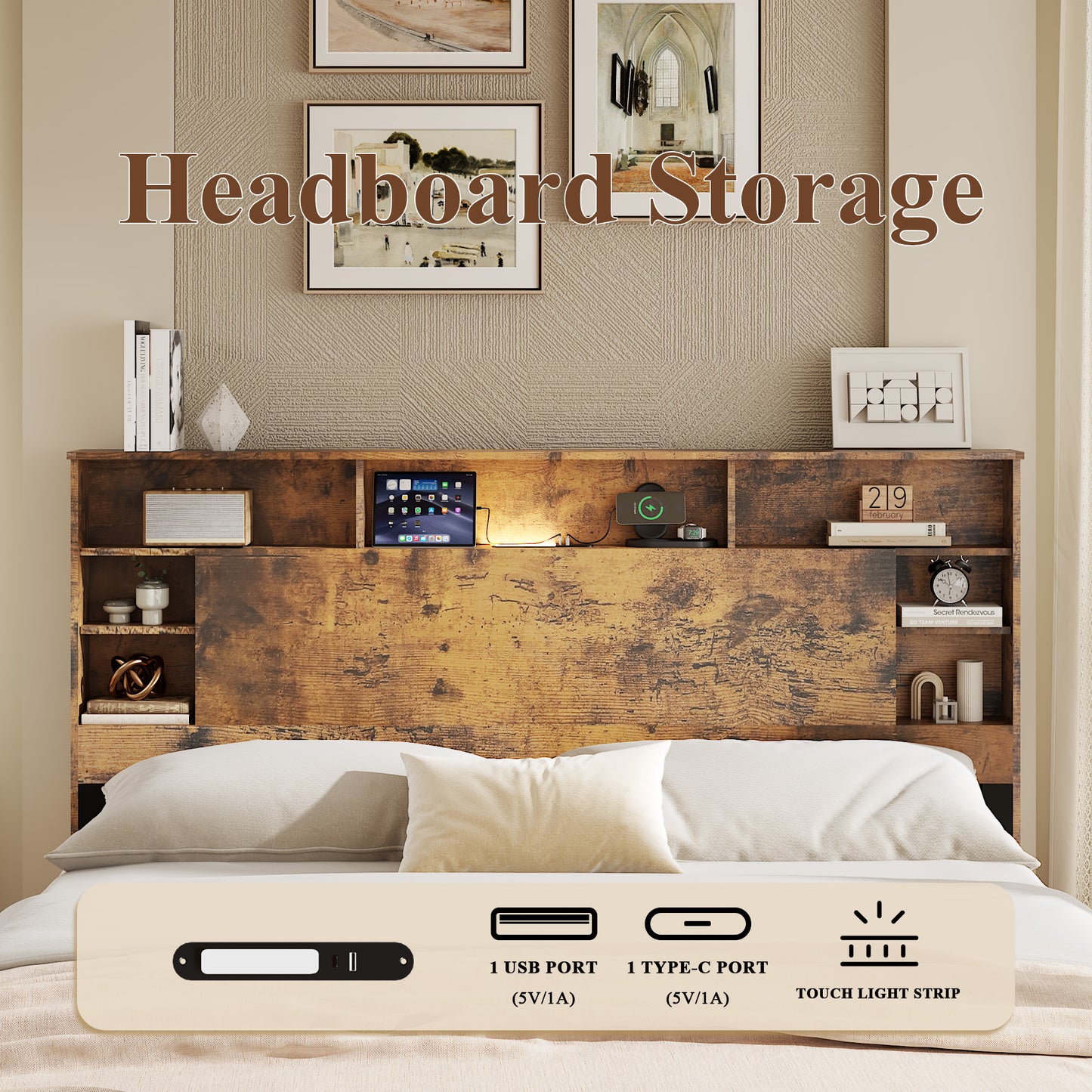 SESSLIFE Queen Bed Frame with Storage Headboard, Wood Platform Bed Frame with Charging Station, LED Lights & Bookcase Shelf, Queen Size Bed Holds up to 800lbs, No Box Spring Needed, Dark Brown