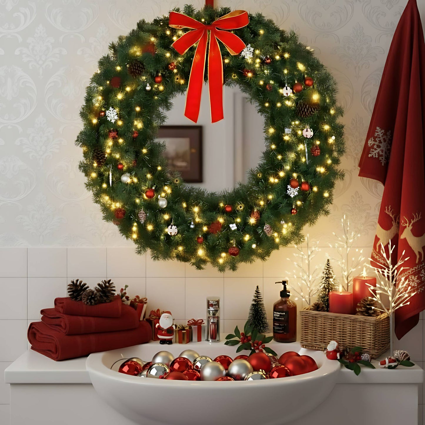 48inch Pre-Lit Christmas Wreath, SESSLIFE Large Outdoor Christmas Wreath with LED Lights, Large Bow and Remote Control, Full Outdoor Wreath for Front Door, Gate, Green