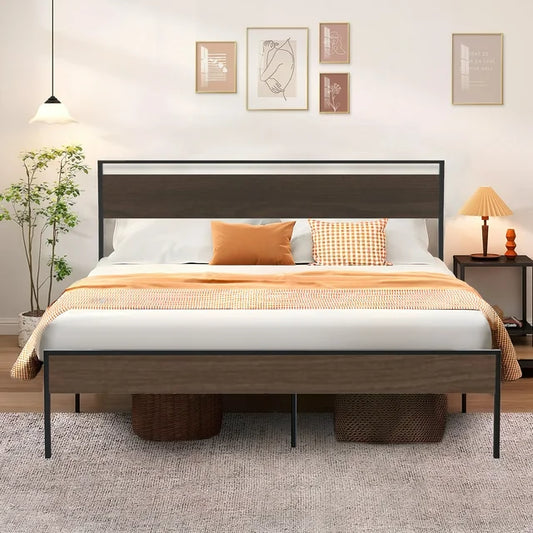 PORKISS King Size Metal Platform Bed Frame with Wood Headboard/Footboard, Rustic Vintage King Bed Frame No Box Spring Needed