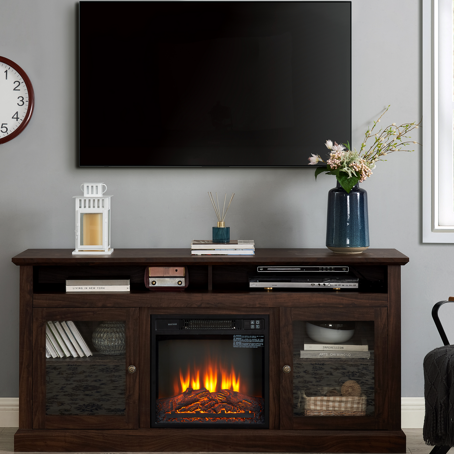 SESSLIFE Fireplace TV Stand for 65 Inch TV, TV Console with 18''Electric Fireplace, Console Entertainment Center Television Table for Living Room or Bedroom, Brown
