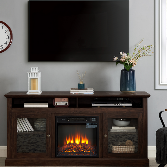 SESSLIFE Fireplace TV Stand for 65 Inch TV, TV Console with 18''Electric Fireplace, Console Entertainment Center Television Table for Living Room or Bedroom, Brown