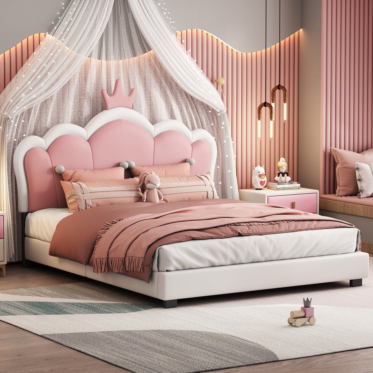 Sesslife Twin Size Bed Frame with PU Leather Crown HeadBoard, Comfy Upholstered Bed with Strong Slats Support, Wood Platform Bed Cute Kids Bed, Easy Assembly, No Box Spring Needed, Pink & White