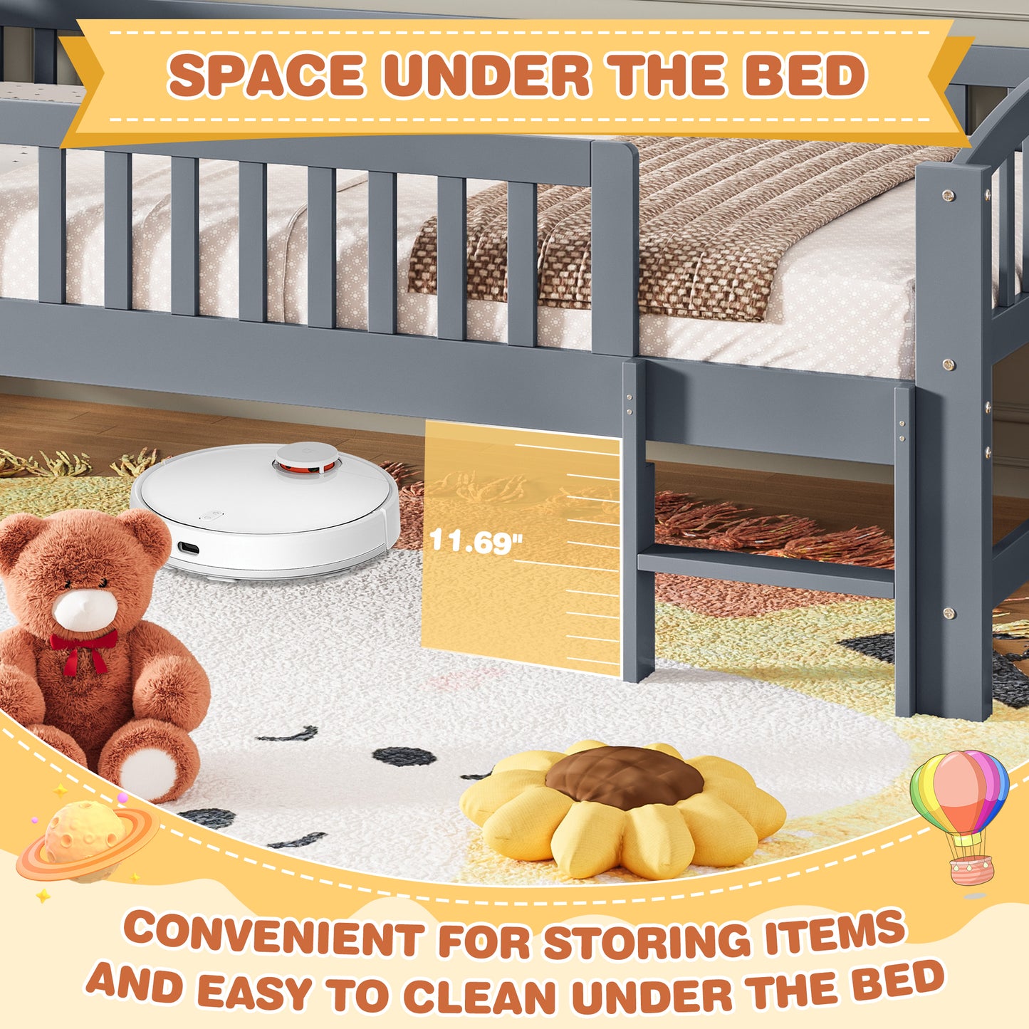 SESSLIFE Twin Size Platform Bed for Kids, Solid Wood Toddler Bed Frame with Slats, Fence Guardrail Ladder, Montessori Floor Bed for Boys Girls, No Box Spring Needed, Holds 400 lbs, Natural