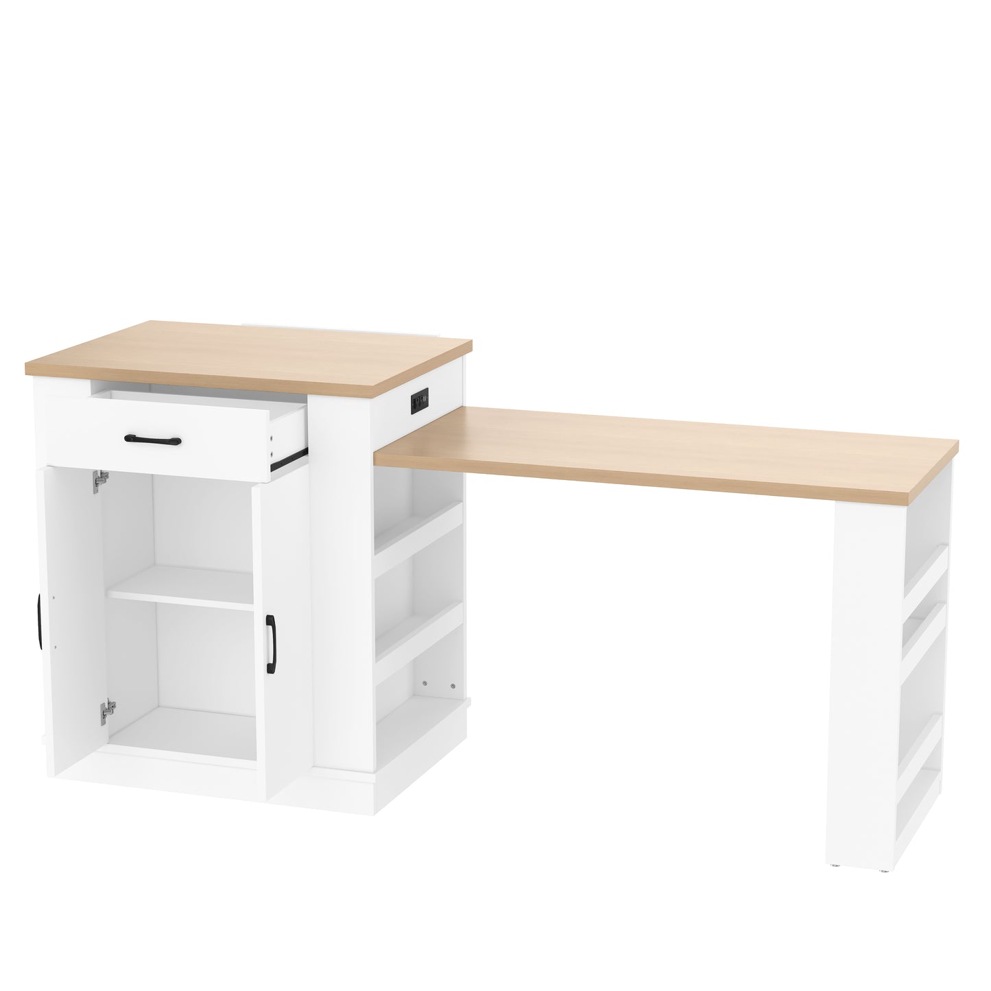 Large Extendable Kitchen Island for Family Use, Dining Table and Breakfast Bar with Storage Drawers, Cabinet Doors and Open Shelves, Ideal for Kitchen and Dining Room, White