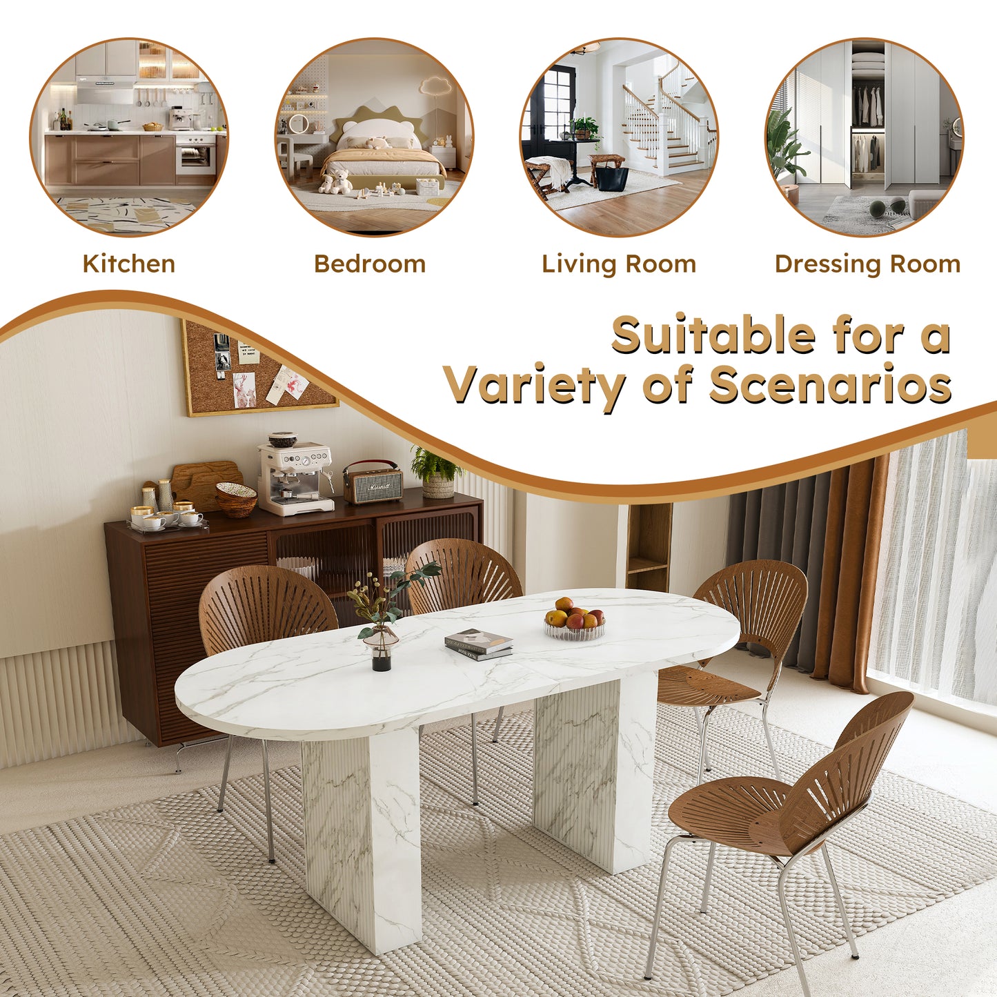 SESSLIFE Oval Dining Table, 62.9'' Modern Farmhouse Dining Table with with Wood Strip Base, Kitchen Table for Home and Office, White Marble Finish