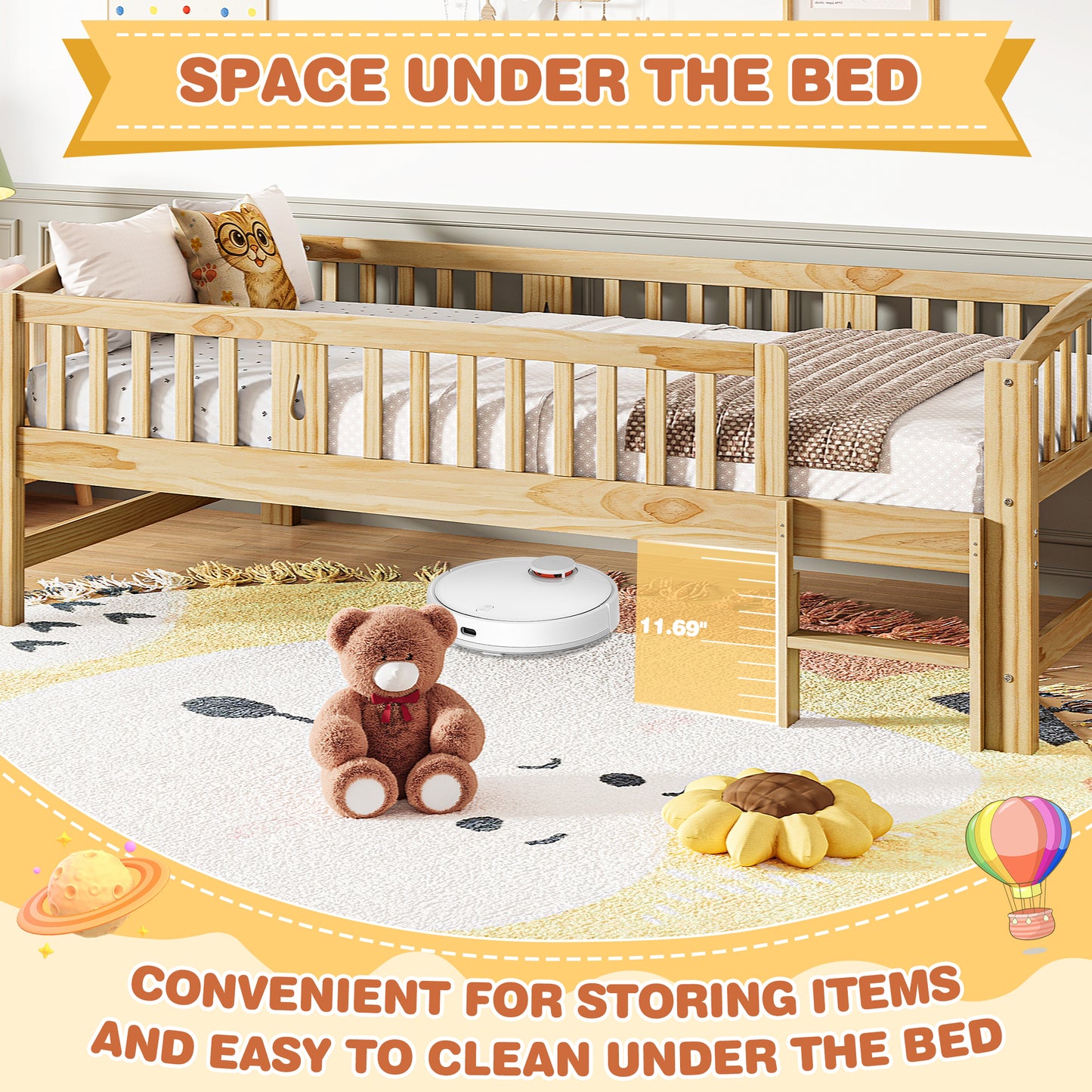 SESSLIFE Twin Size Platform Bed for Kids, Solid Wood Toddler Bed Frame with Slats, Fence Guardrail Ladder, Montessori Floor Bed for Boys Girls, No Box Spring Needed, Holds 400 lbs, Natural