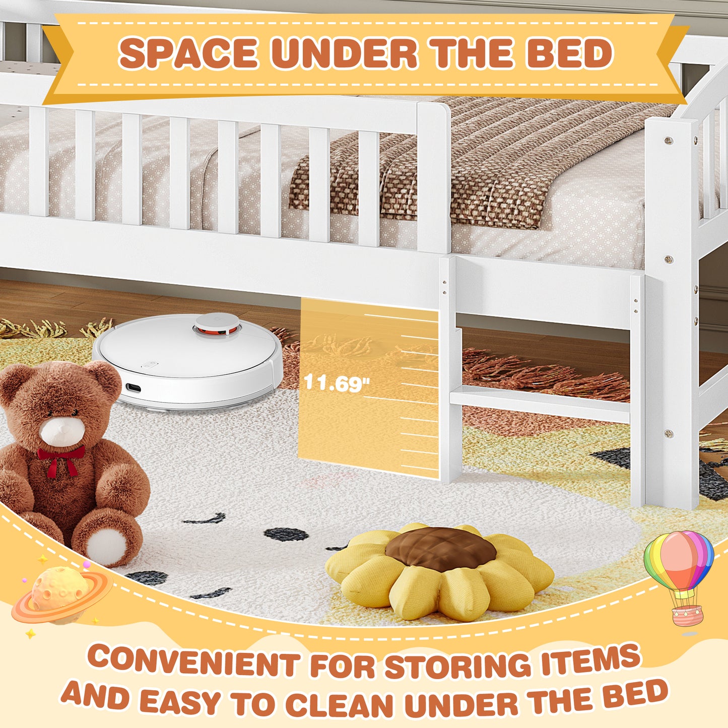 SESSLIFE Twin Size Platform Bed, Solid Wood Twin Bed Frame with Slats, Fence Guardrail Ladder, Twin Floor Bed with Strong Legs for Boys Girls, No Box Spring Needed, Holds 400 lbs, White