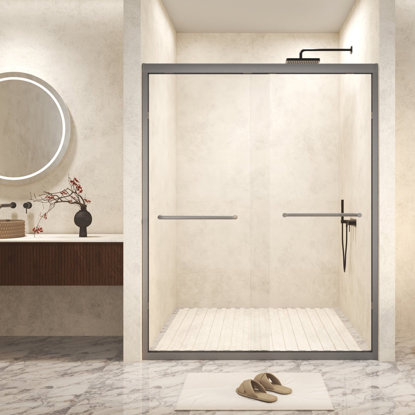 Sesslife 44-48" W x 72 in H Double Sliding Shower Door with Aluminum Frame, Modern Bathroom Shower Door with 1/4" Clear Tempered Glass and Stainless Steel Long Handles, SCGG Certified, Matte Black