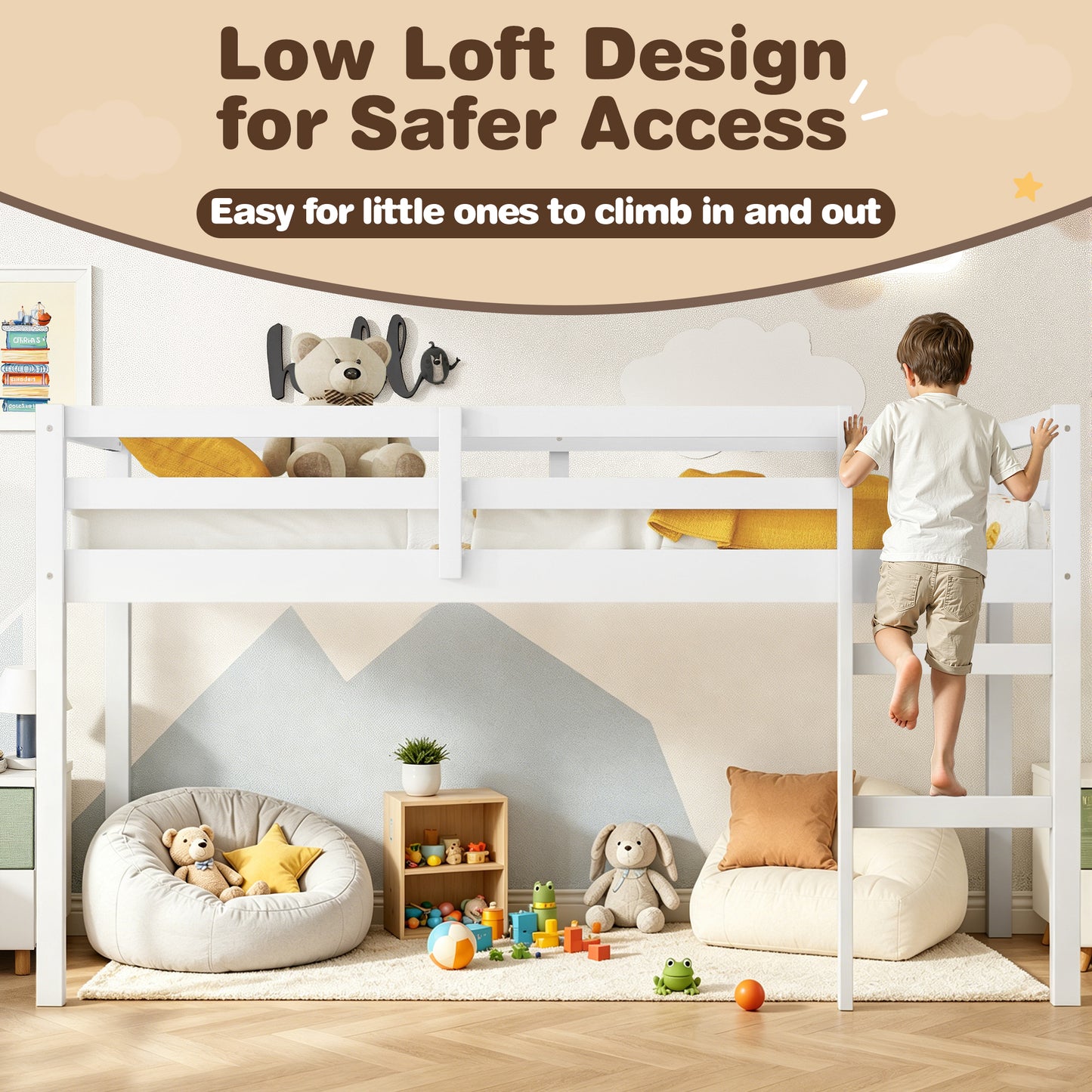 Twin Loft Bed with Ladder and Guardrails for Boys Girls, SESSLIFE Low Height Solid Wood Bed Frame, Space Saving Loft Bed with Under Bed Reading Nook, Play Area, Storage Space, White