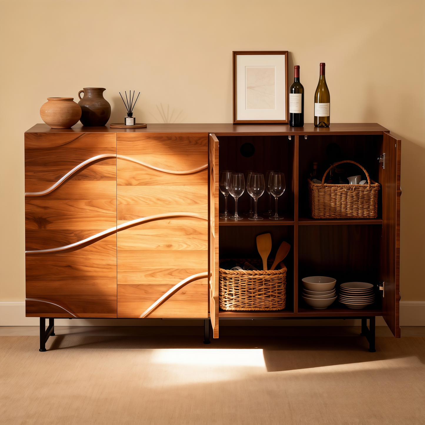 SESSLIFE Walnut Credenza Storage Cabinet, 59 Inch Modern Sideboard with Adjustable Shelves and Metal Base, Accent Cabinet for Dining Room