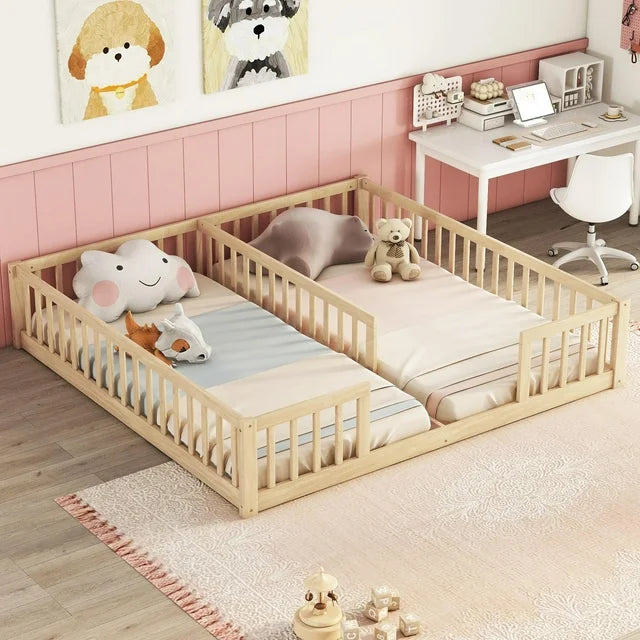 PORKISS Twin Size Floor Bed for Kids, Double Wood Montessori Bed Frame with Fence, White