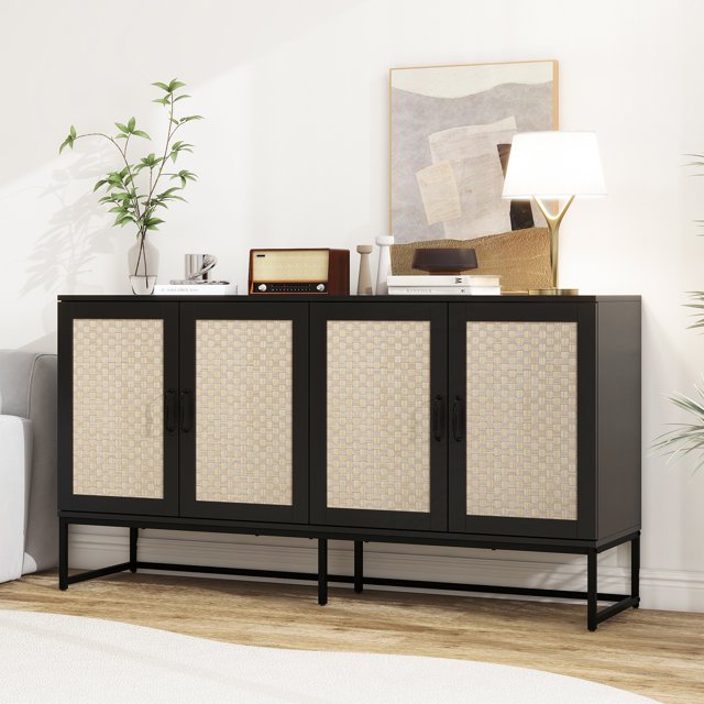 PORKISS Rattan Buffet Sideboard, Credenza Storage Cabinet with 4 Doors and Adjustable Shelve, Accent Cabinet for Dining Room, Kitchen, Living Room, Natural