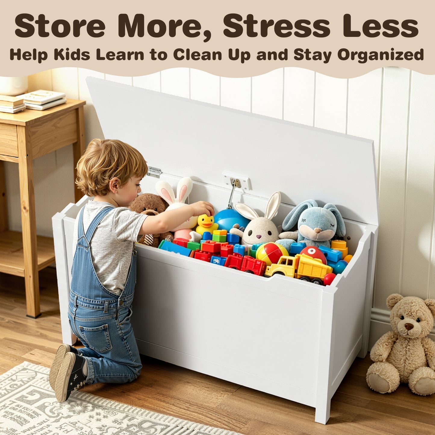 SESSLIFE Toy Storage Box with Lid, Wooden Toy Chest Seating Bench for Boys and Girls, Safety Hinged Storage Chest, Toy Organizer for Playroom Bedroom Entryway