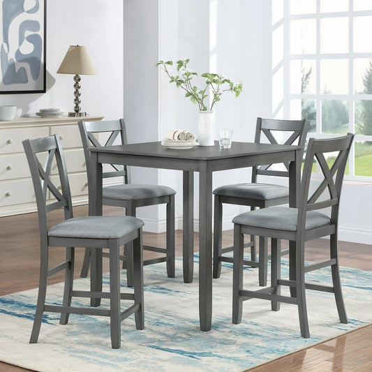 PORKISS 5 Piece Dining Table Set, Wood Dining Room Set with Upholstered Chairs X-shaped Backrest, Gray