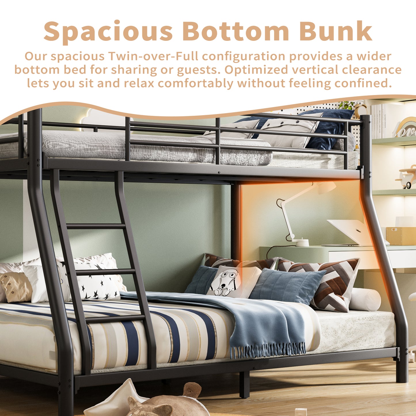 SESSLIFE Twin Over Full Bunk Bed, Heavy Duty Metal Bunk Bed Frame with Ladder and Safety Rail, Noise Free Space Saving Bunk Beds for Dorm Apartment, Black
